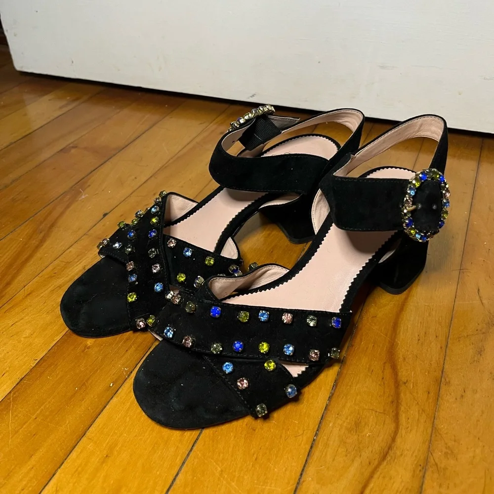 J. Crew Black Suede Penny Sandals Crystals‎ Rhinestones Size 8 New Years Party